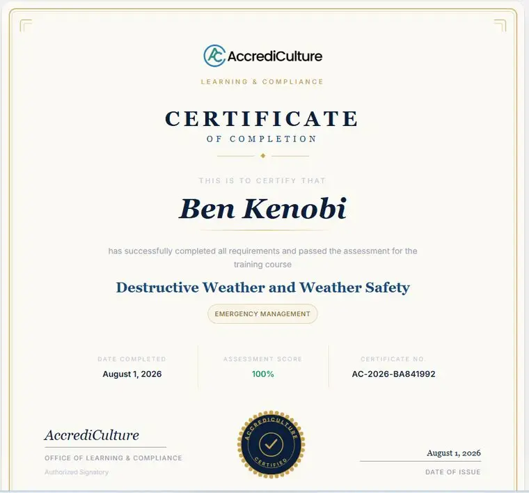 AccrediCulture certificate of completion for an emergency management training course, showing assessment score and certificate number.
