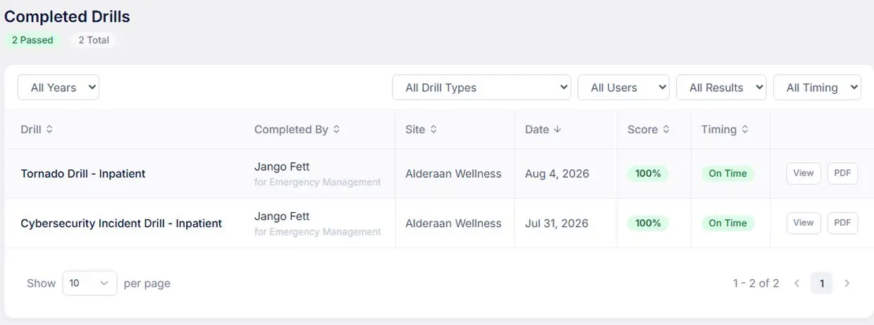 Completed drills register: drill name, who completed it, site, date, score and on-time status, each row exportable as a PDF.