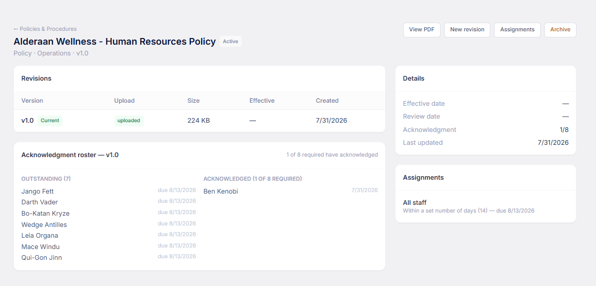 AccrediCulture policy detail view showing revision history and an acknowledgment roster splitting outstanding staff from those who have acknowledged
