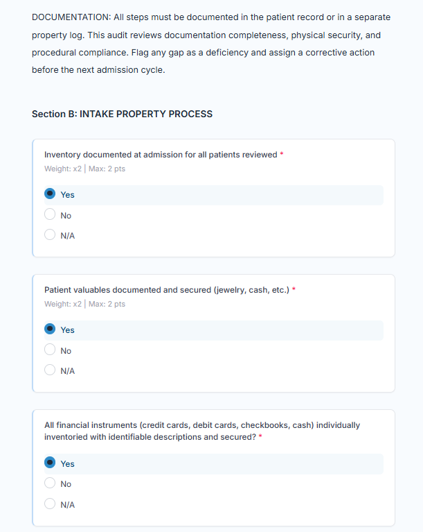 AccrediCulture weighted inspection form showing scored questions with per item weighting and yes, no or not applicable responses
